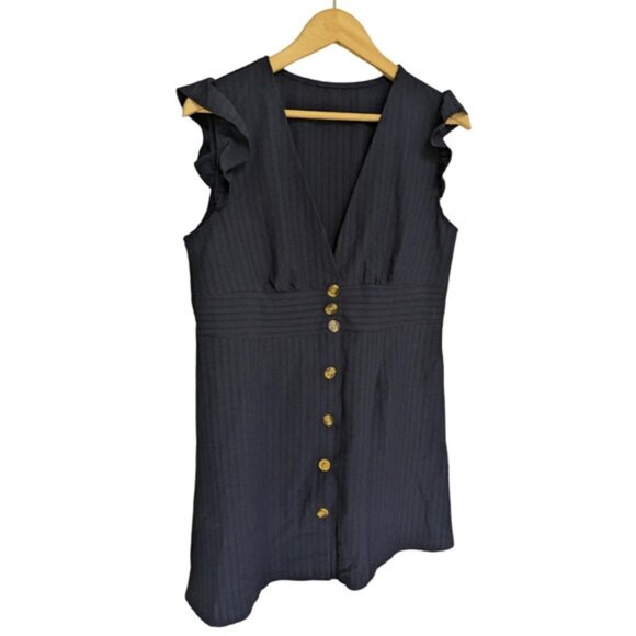 LAST CALL//Ruffled Cap Sleeve Fit & Flare Striped Navy Dress Button Up by Shein - Picture 3 of 9